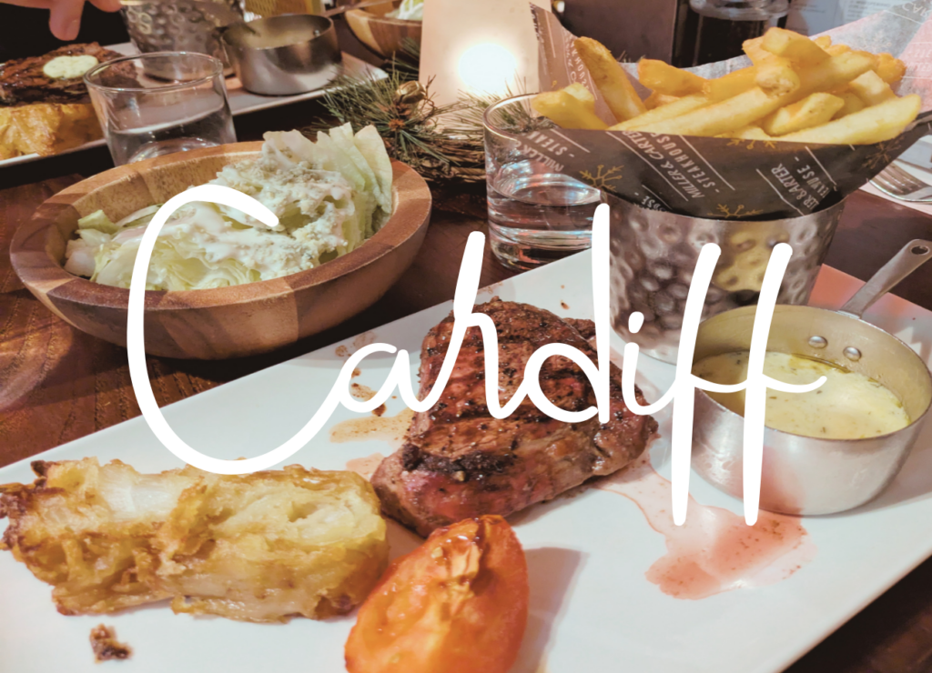 Steak dinner with Cardiff overlay text